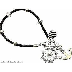 Nautical Anchor Bracelet Black Cord Silver Ship Wheel Beach Coastal Jewelry